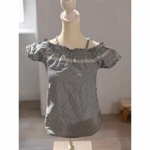 Doll House Blouse Womens Size L Blue White Pinstripe Off Shoulder Lace